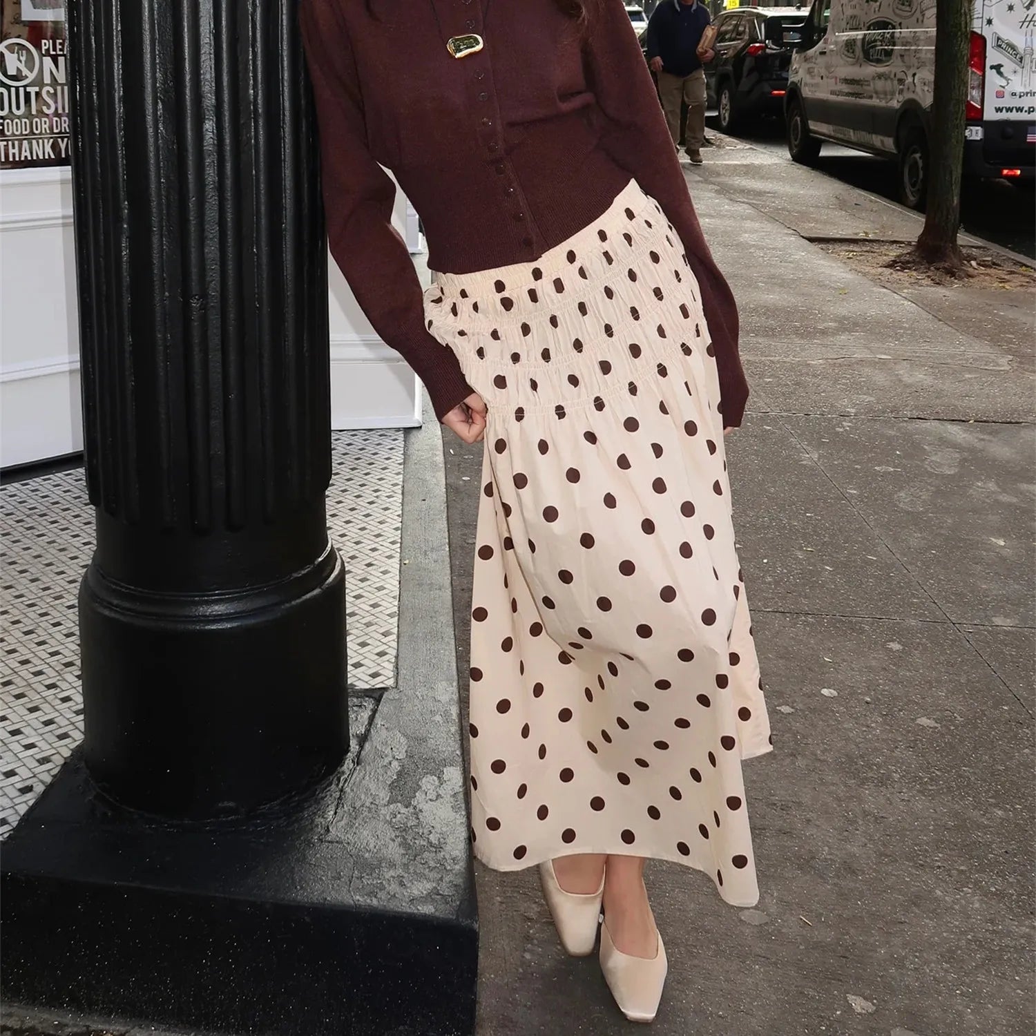 Glorol - Elegant Low Waist Dots Print Flowy Skirt