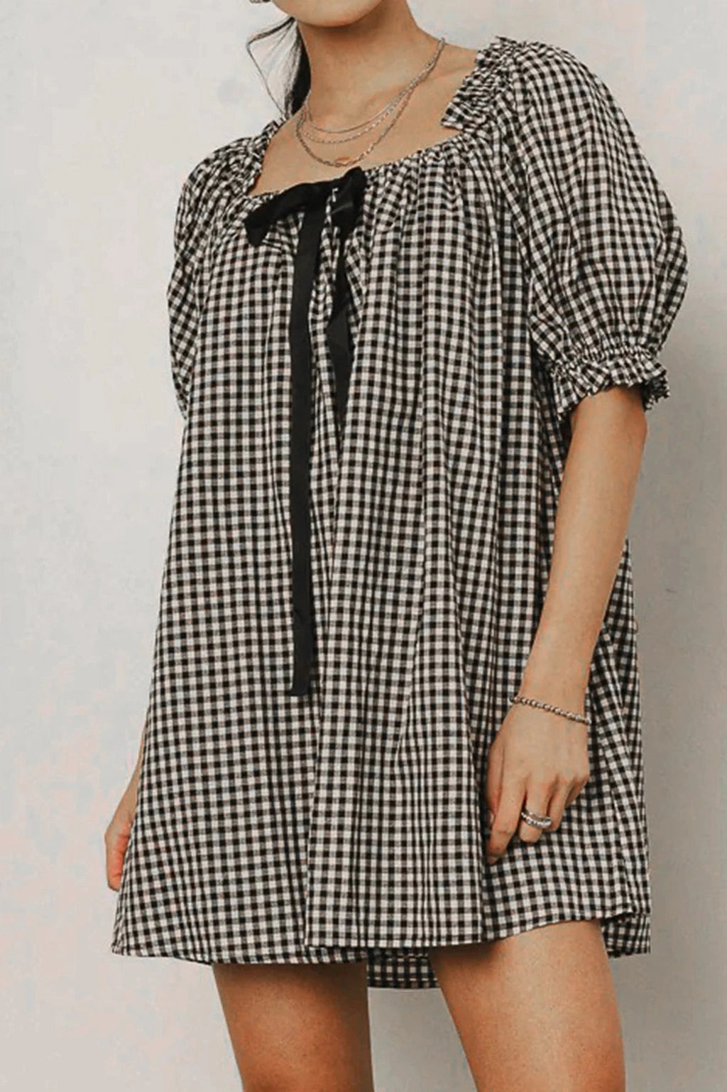 Glorol - Plaid Loose Square Neck Puff Sleeve Mini Dress