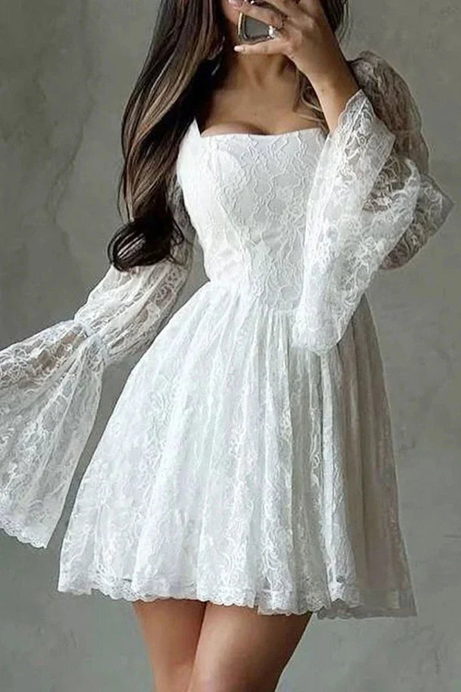 Elegant Pleated Square Collar Flare Sleeve Lace High Waist Mini Dress