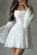 Elegant Pleated Square Collar Flare Sleeve Lace High Waist Mini Dress
