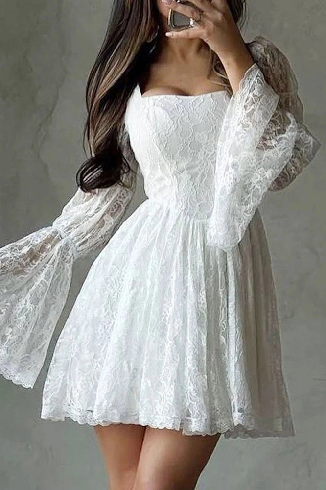 Glorol - Elegant Pleated Square Collar Flare Sleeve Lace High Waist Mini Dress