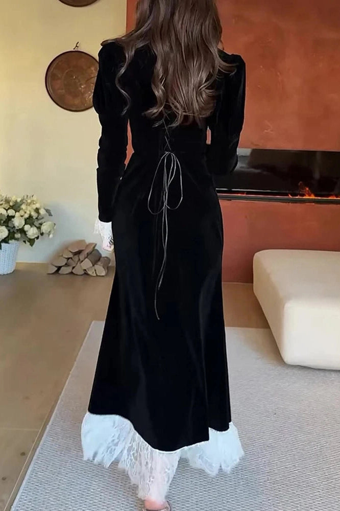 Glorol - Elegant Long Sleeve High Waist Lace Maxi Dress