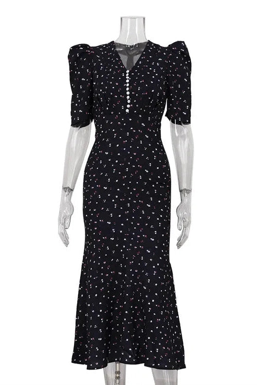 Glorol - Elegant Printed Puff Sleeve V-Neck High Waist Maxi Dress