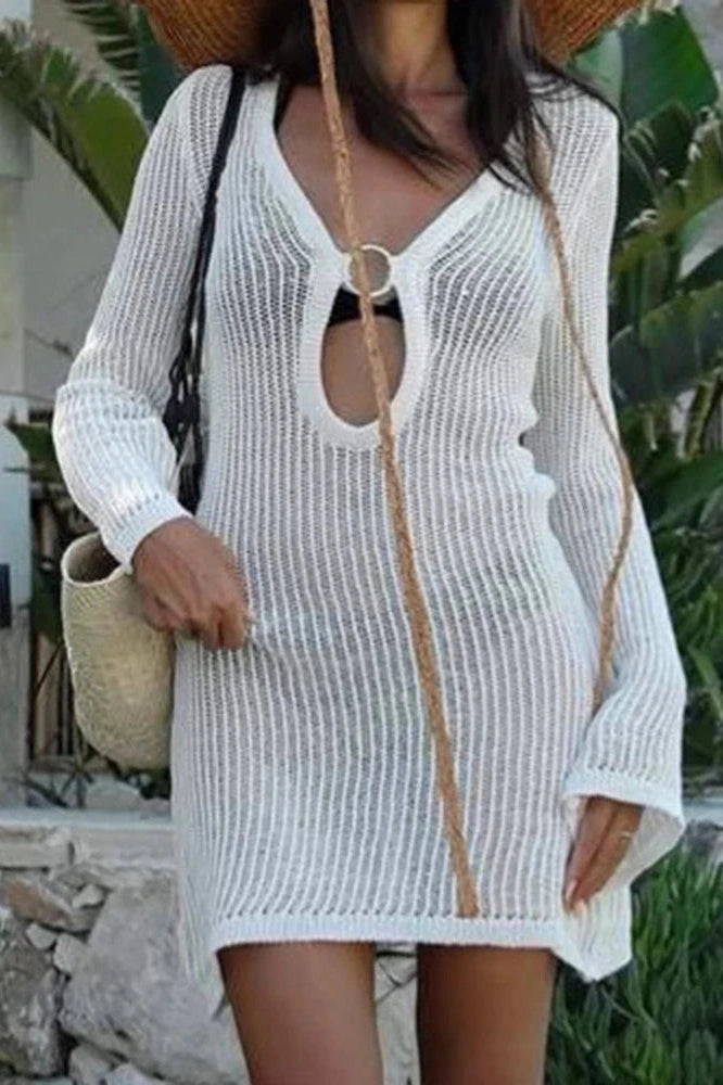 Glorol - Elegant High Waist See-Through V-Neck Mesh Slim Mini Dress