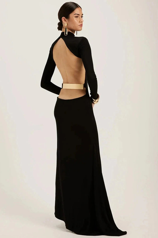 Glorol - Backless Long Sleeve High Collar Bodycon Maxi Dress