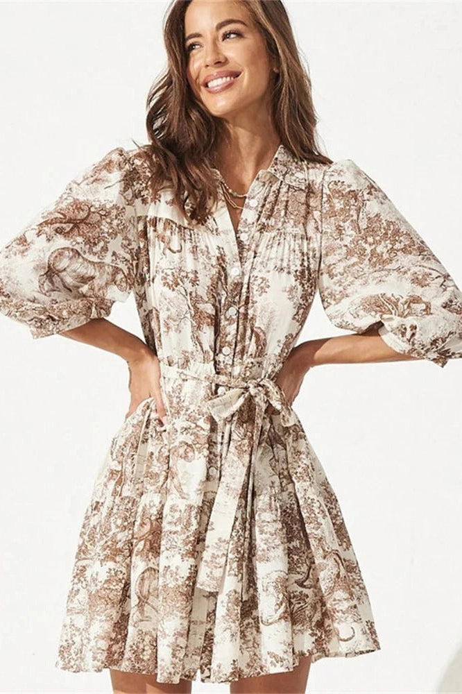 Glorol - Printed Lace-Up High Waist Short Sleeve Mini Dress