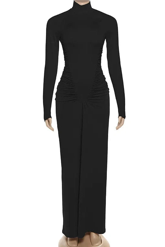 Glorol - Elegant Turtleneck Slim Long Sleeve High Waist Maxi Dress