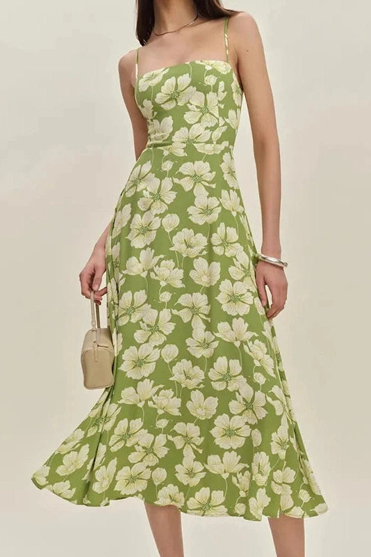 Glorol - Backless Fit Floral Printed Sleeveless High Waist Midi Dress