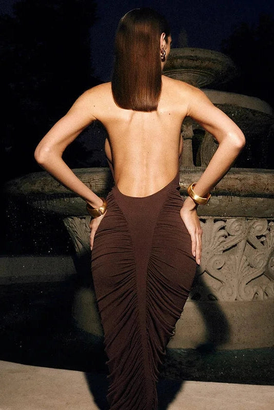 Glorol - Elegant Pleated Sleeveless Backless Bodycon Midi Dress