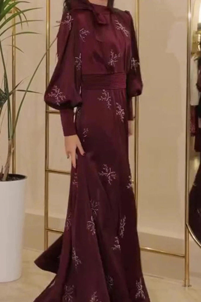 Glorol - Elegant Printed Pleated High Waist Long Sleeve Slim Maxi Dress
