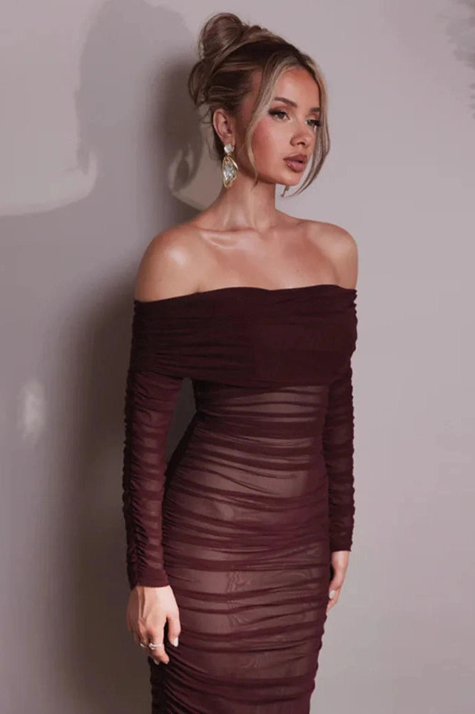 Glorol - Off-shoulder Strapless Long Sleeve Backless Maxi Dress