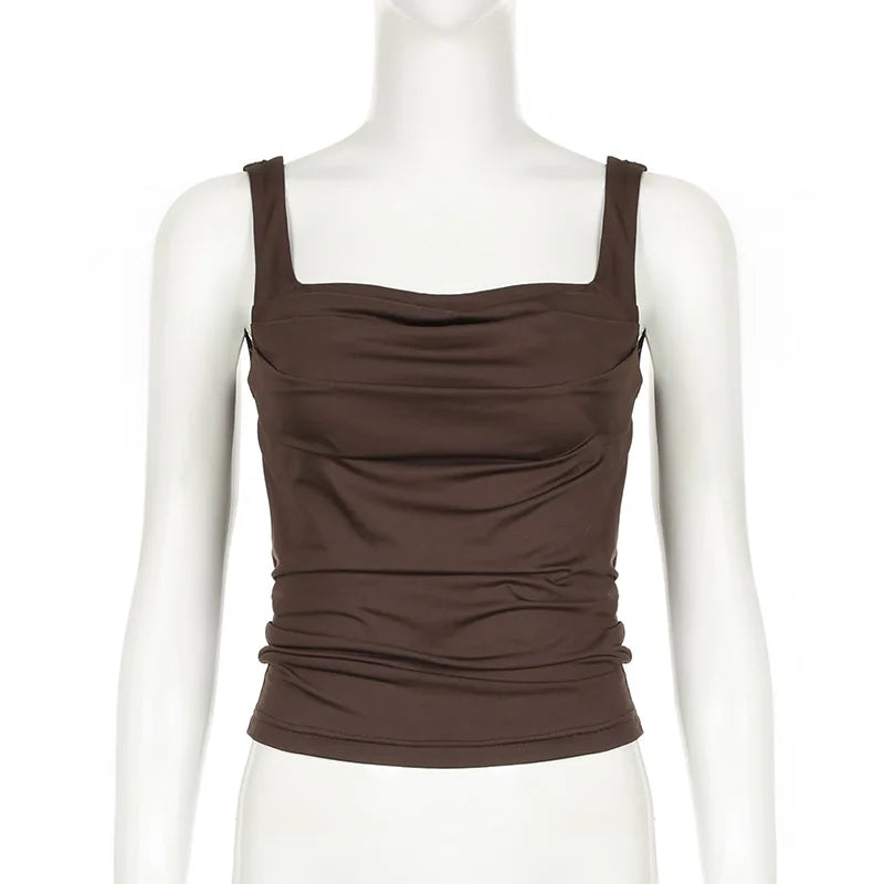 Glorol - Slim Backless Square Collar Pleated Sleeveless Top