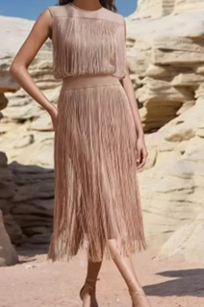Glorol - Hollow Out Sleeveless Pleated O-Neck Midi Dress