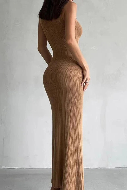 Glorol - Elegant Knitted Turtleneck Sleeveless Bodycon High Waist Maxi Dress