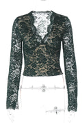 Glorol - Lace See-Through Deep V-Neck Long Sleeve Top