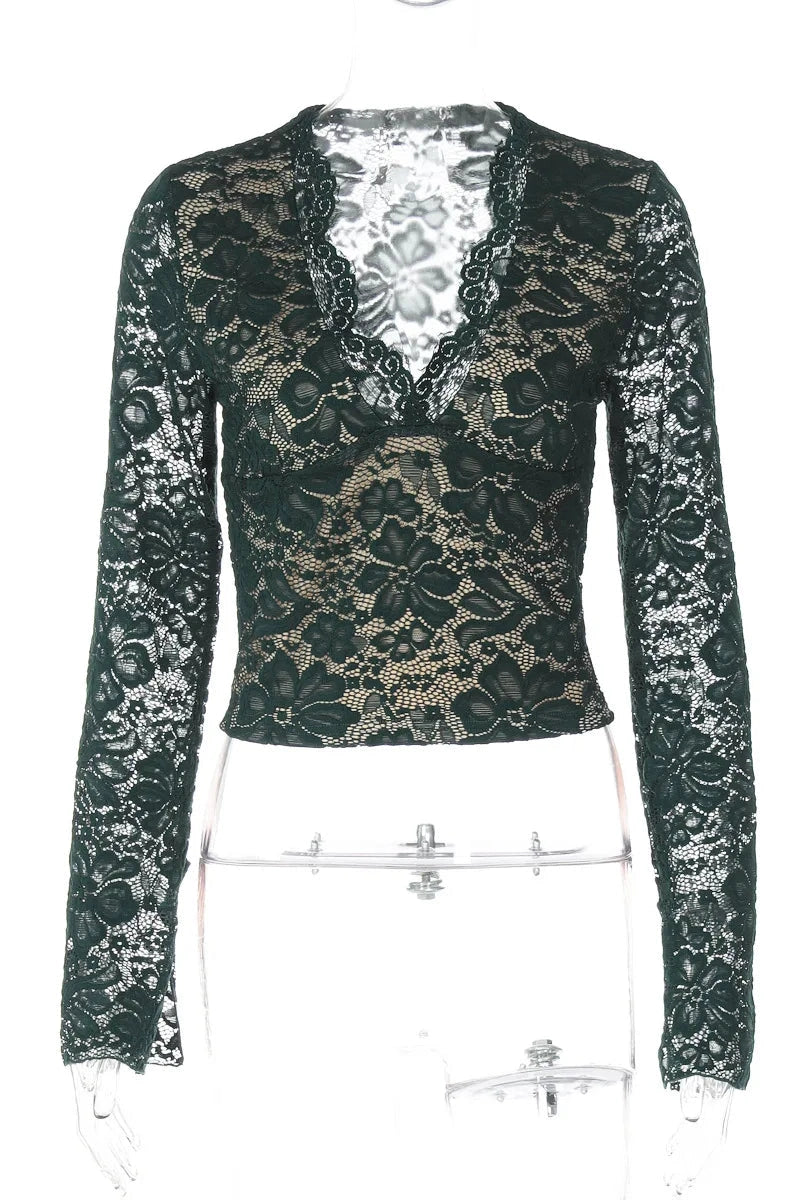 Glorol - Lace See-Through Deep V-Neck Long Sleeve Top