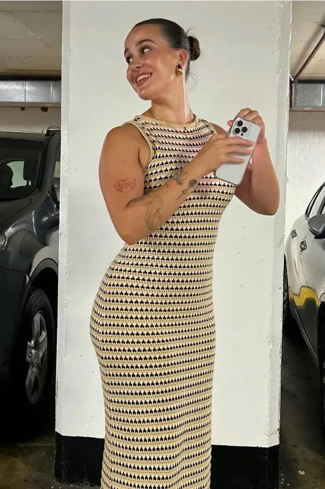 Striped See-Through Sleeveless High Waist Patchwork Maxi Dress