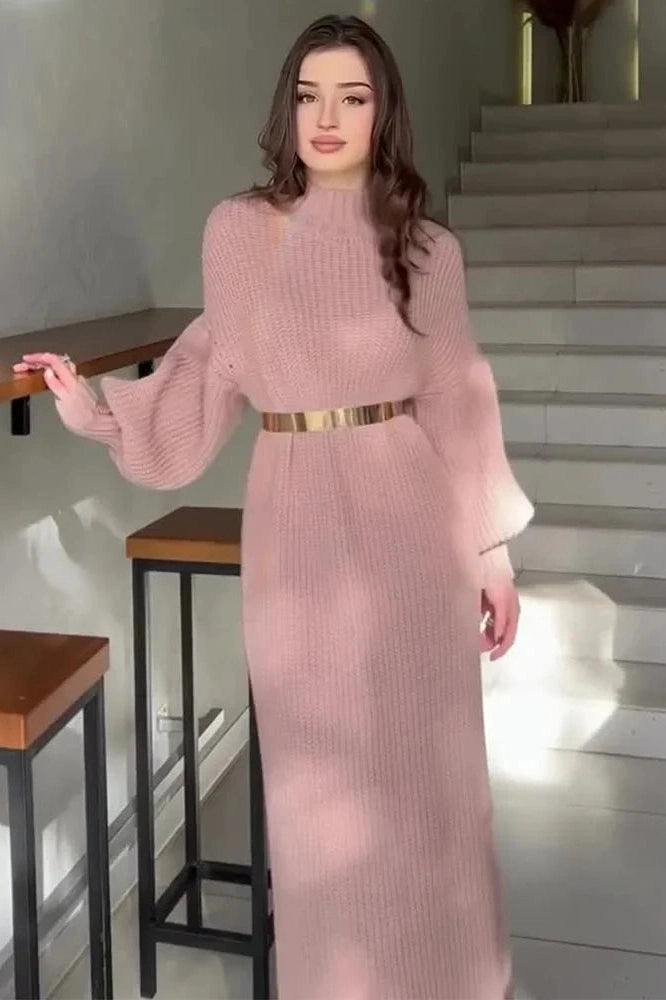 Glorol - Elegant Knitted Turtleneck Long Sleeve Maxi Dress