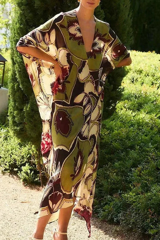 Sleeves Loose Pleated High Waist Printed V-Neck Maxi Dress