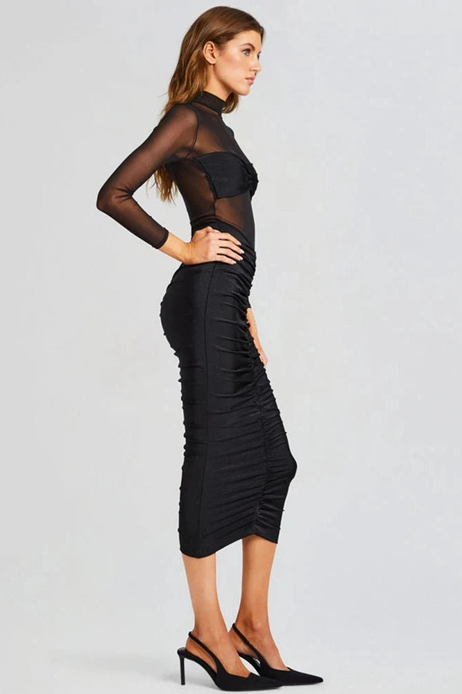 Glorol - Long Sleeve See Through Backless Bodycon Maxi Dress