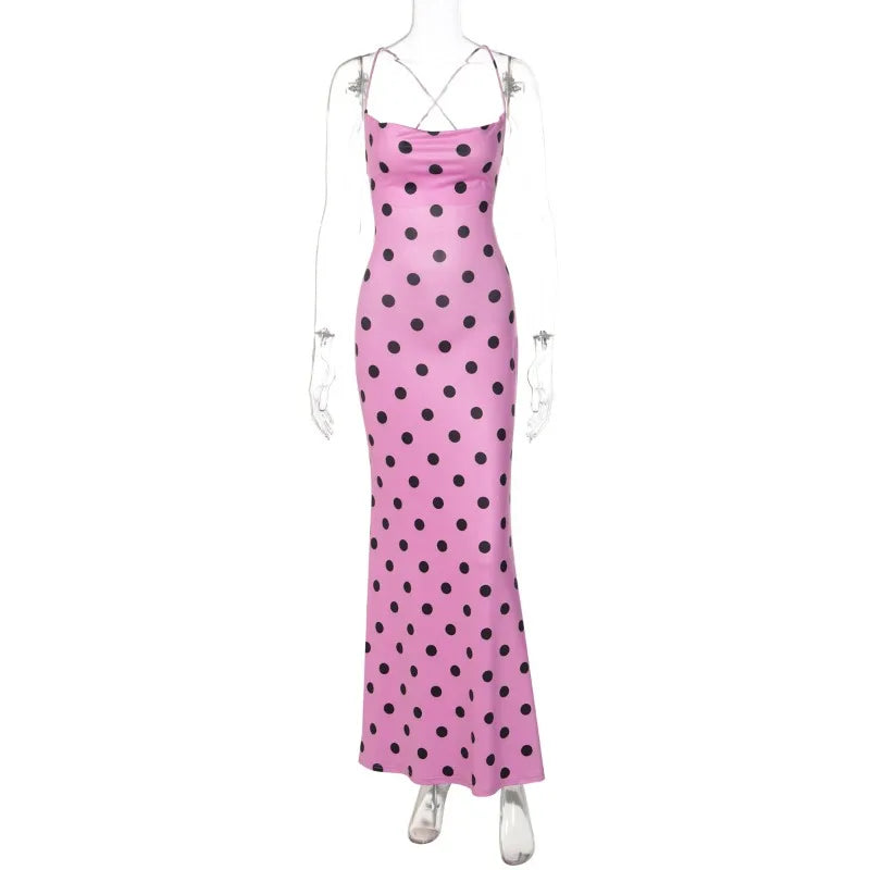 Glorol - Lace Up Printed Polka Dot Backless Maxi Dress