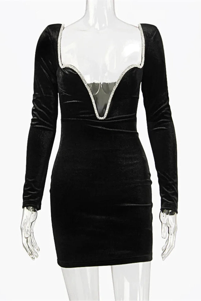 Glorol - Long Sleeve Deep V Neck Crystal Padded Mini Dress