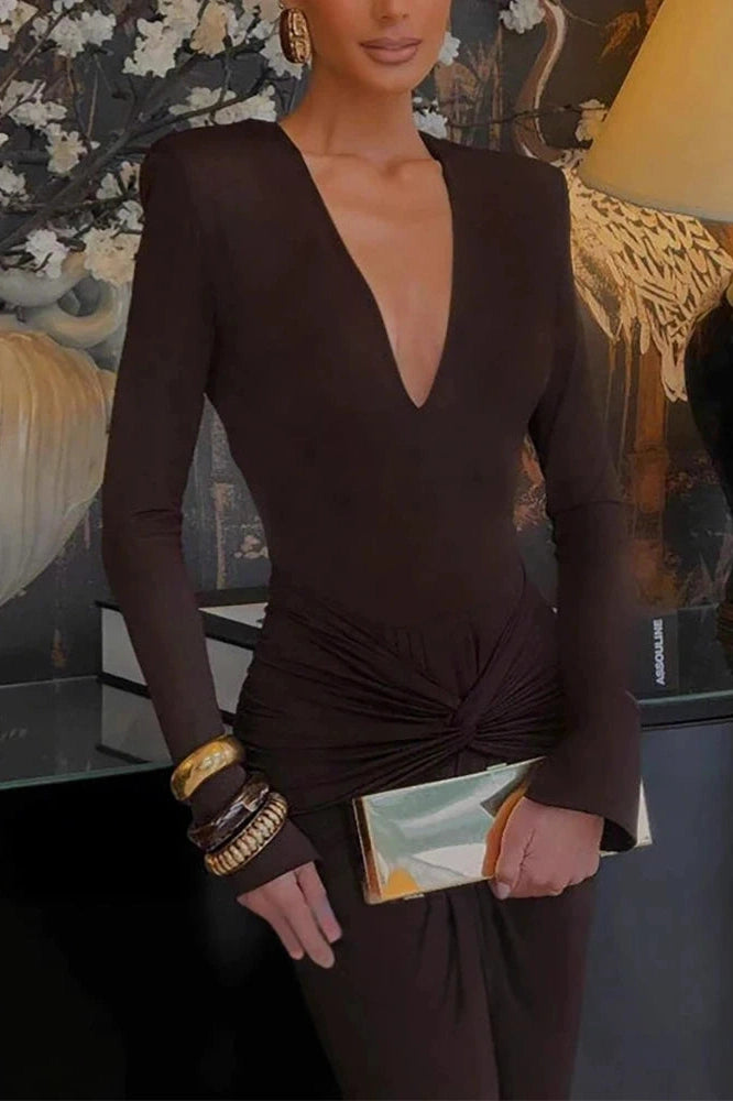 Glorol - Elegant Deep V-Neck Slim Long Sleeve Pleated Maxi Dress