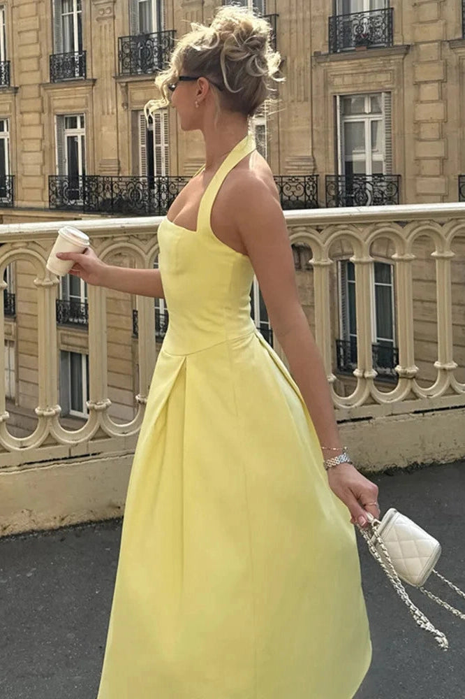 Glorol - Backless Sleeveless High Waist A-Line Pleated Midi Dress