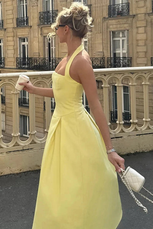 Glorol - Backless Sleeveless High Waist A-Line Pleated Midi Dress