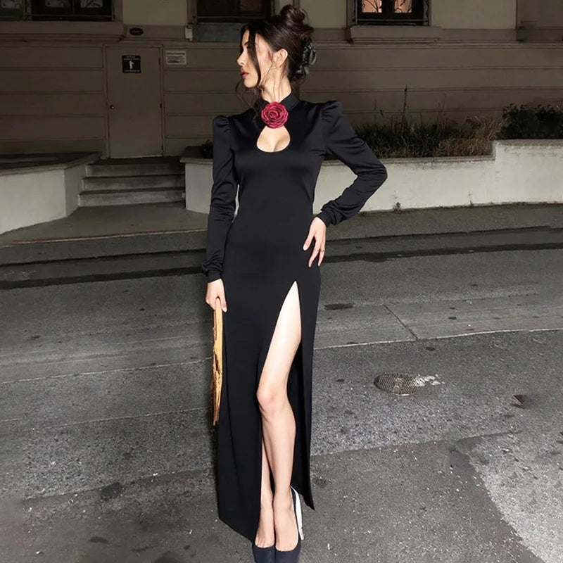 Glorol - Hollow Out Split Long Sleeve Stand Collar Maxi Dress