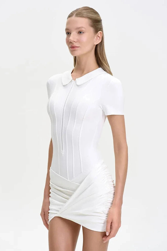 Glorol - Polo Collar Zip Bodycon Jumpsuit