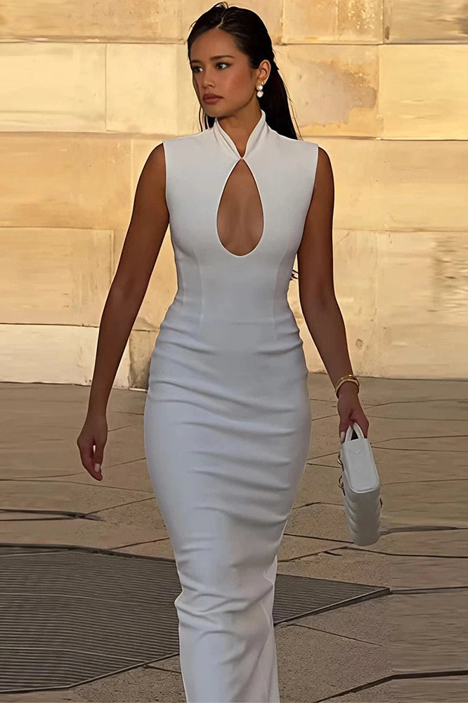 Glorol - Hollow Out Sleeveless Turtleneck Bodycon Maxi Dress