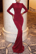 Glorol - Elegant Pleated Slim Patchwork Bodycon Maxi Dress