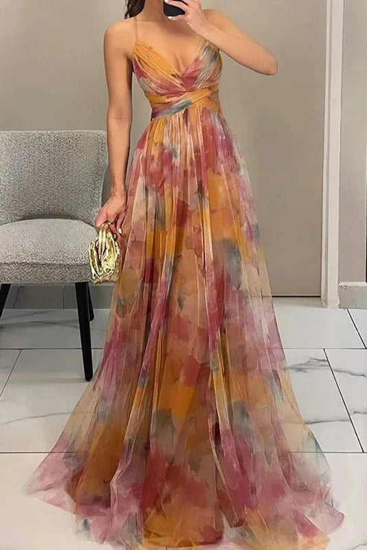 Glorol - Elegant Print Pleated V Neck High Waist Backless Maxi Dress