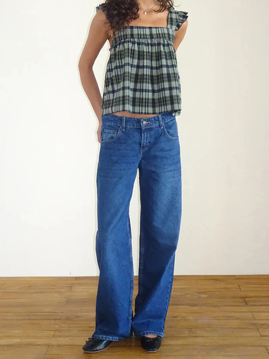 Glorol - Plaid Square Neck Sleeve Backless Top