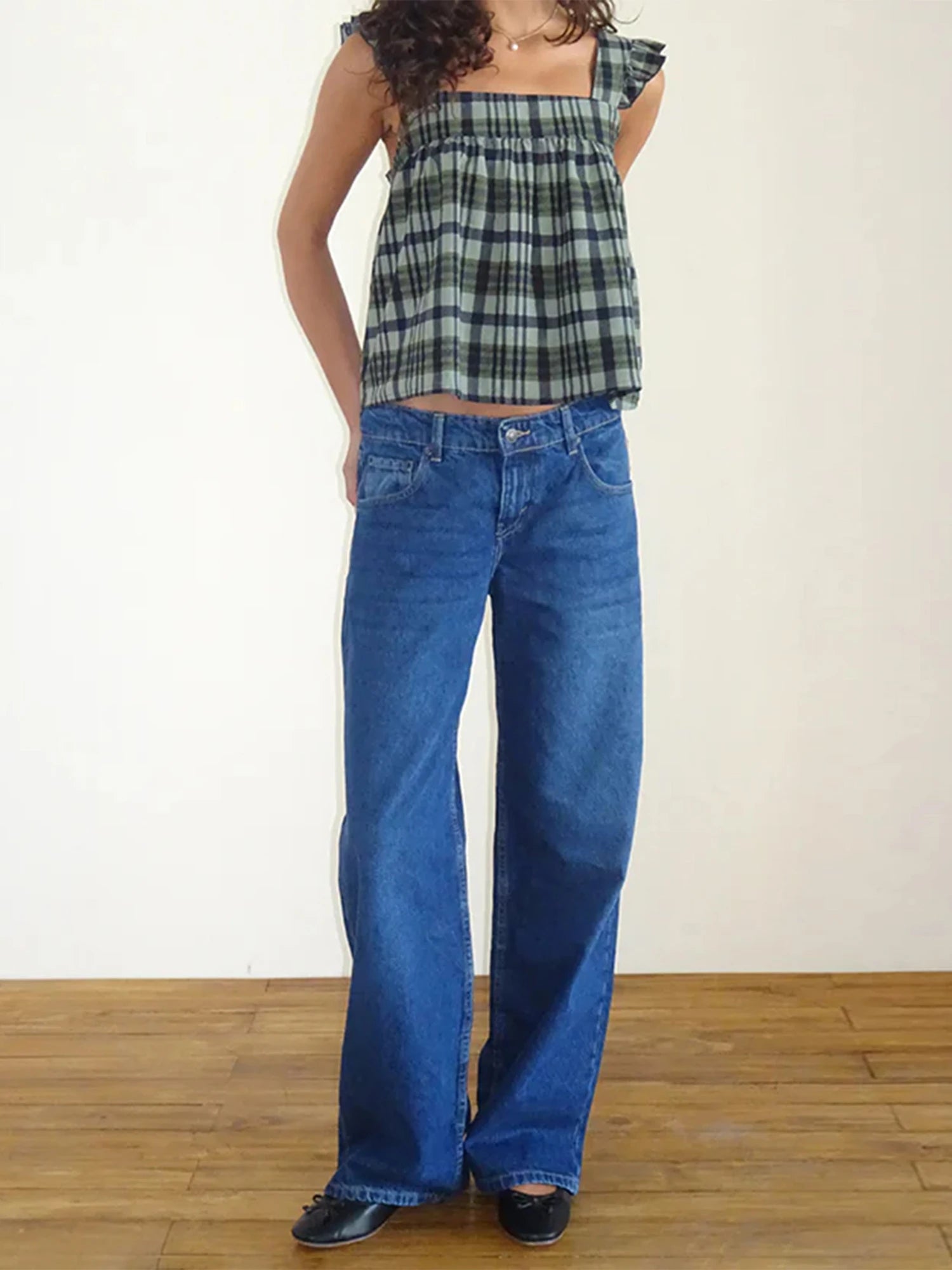 Glorol - Plaid Square Neck Sleeve Backless Top