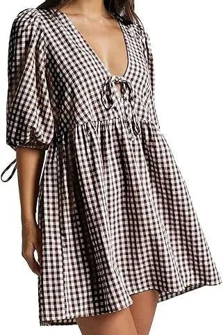 Glorol - Short Sleeve V Neck Plaid Mini Dress