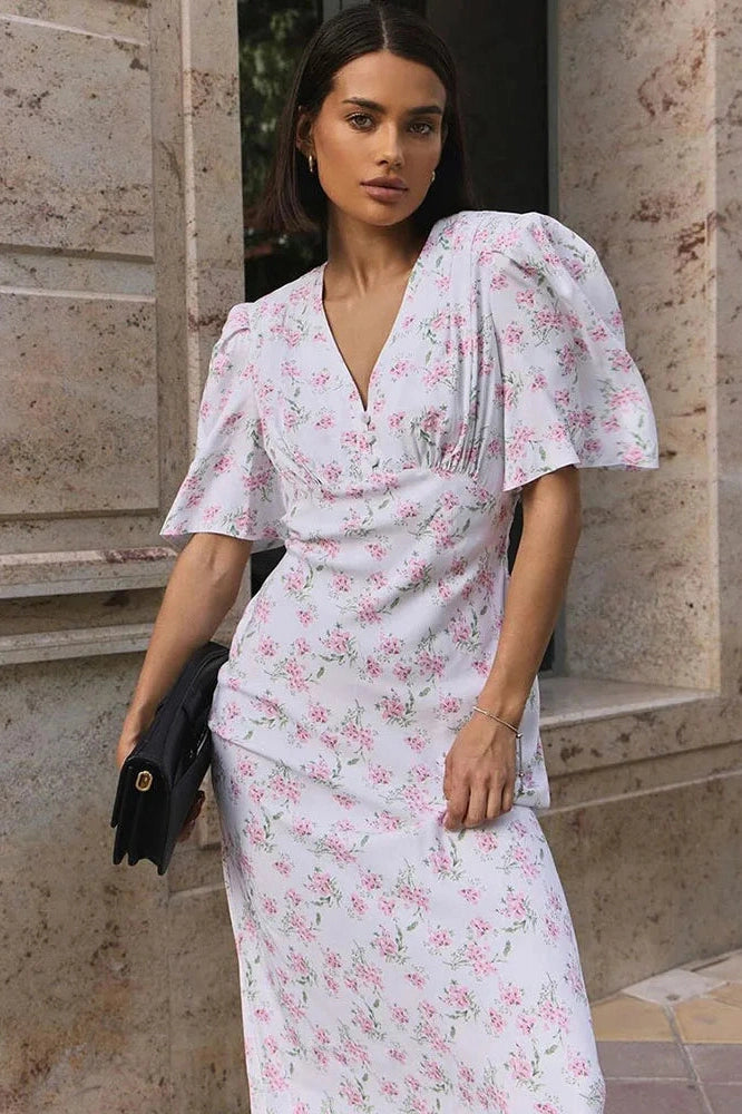 Glorol - Printed V-Neck Short Sleeve Slim High Waist Maxi Dress