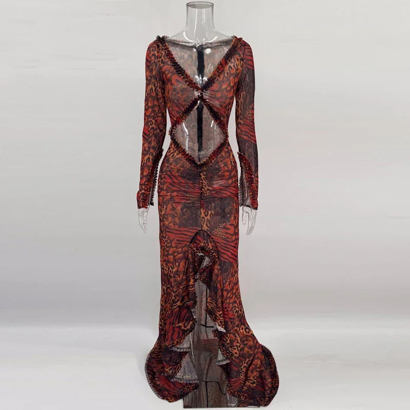 Glorol - Hollow Out Long Sleeve V Neck Slim Maxi Dress