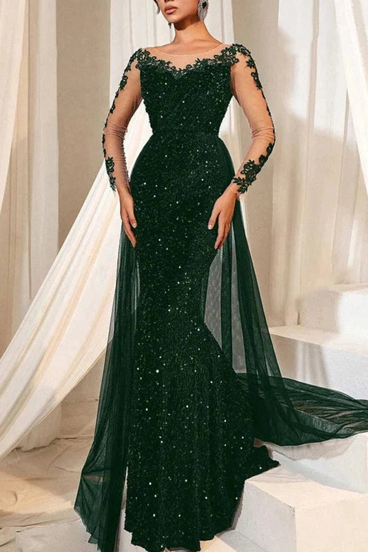 Glorol - Elegant High Waist Long Sleeve Slim V-Neck Lace Maxi Dress