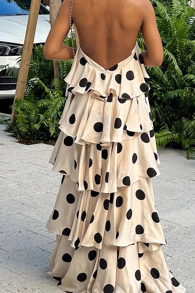 Glorol - Elegant Backless Polka Dot Sleeveless Maxi Dress
