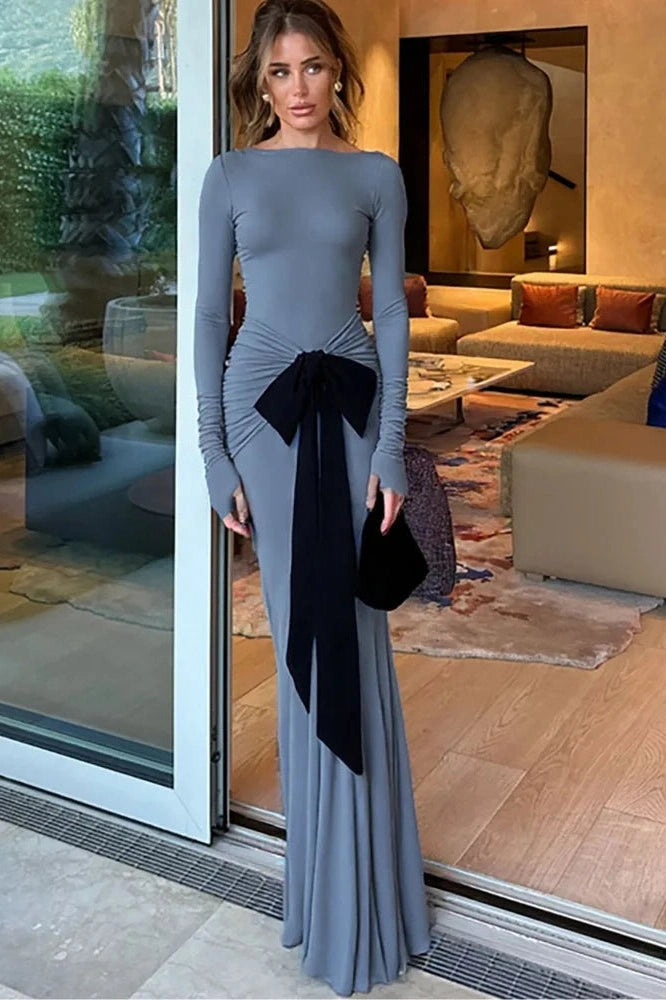 Glorol - Long Sleeve Patchwork O Neck Bodycon Maxi Dress