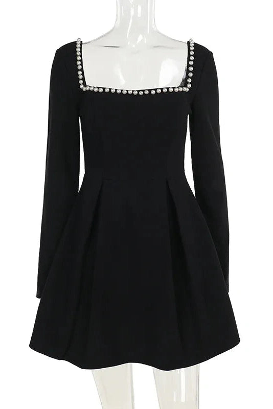 Glorol - Elegant Square Neck Slim Long Sleeve High Waist Mini Dress