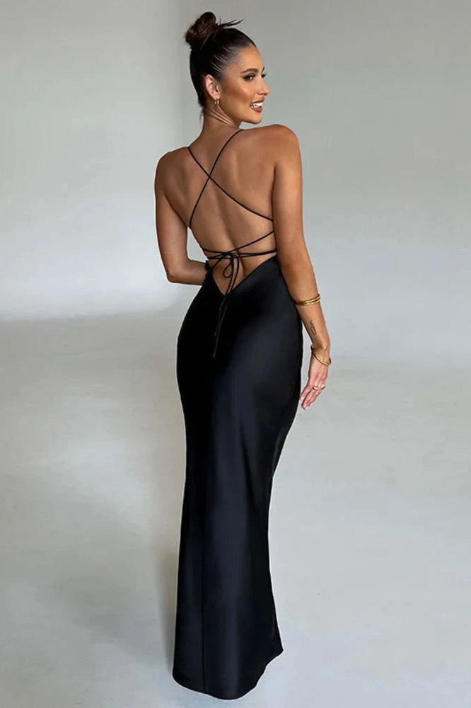 Glorol - Backless Spaghetti Strap Sleeveless Bodycon Maxi Dress