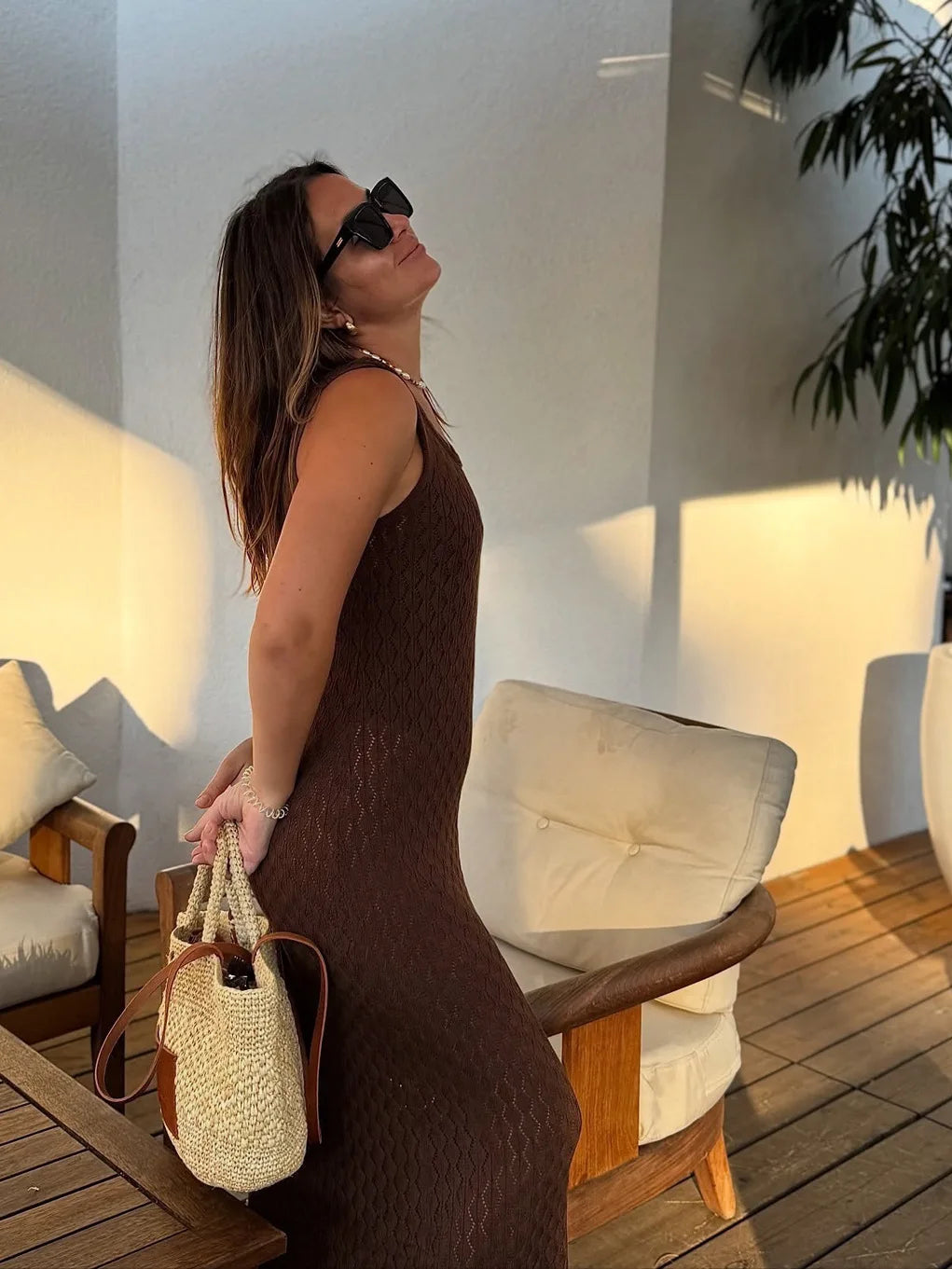 Glorol - Hollow Knitted Sleeveless Maxi Dress