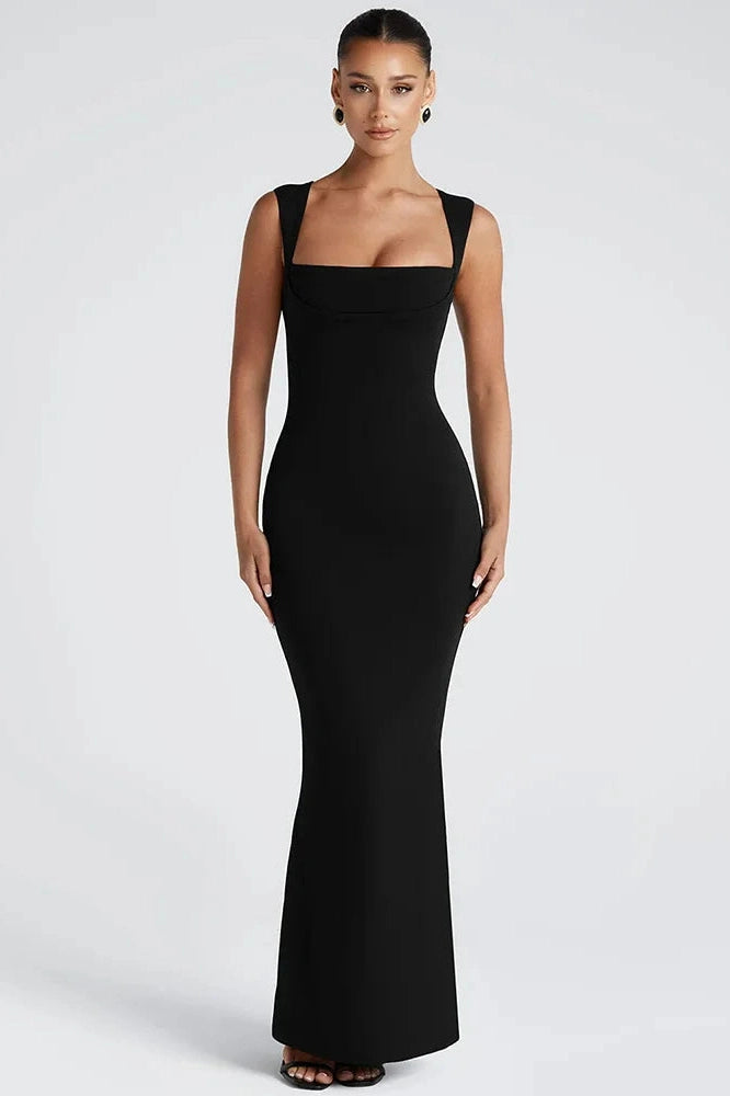 Glorol - Square Collar Sleeveless High Waist Bodycon Maxi Dress