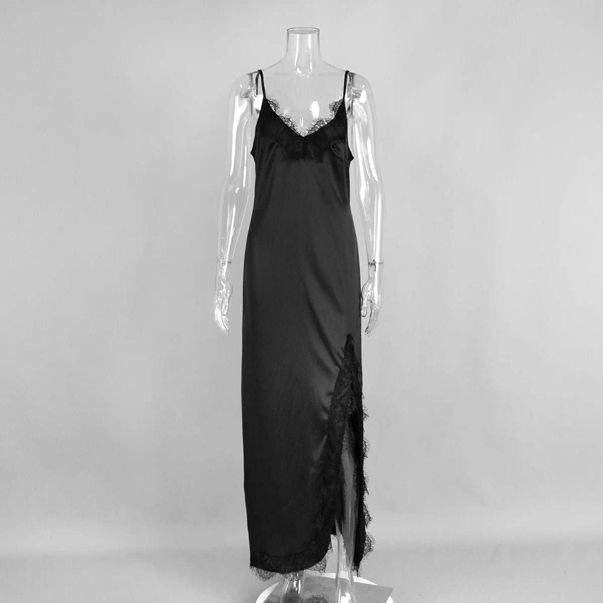 Glorol - Lace Spaghetti Strap V Neck Slit Maxi Dress
