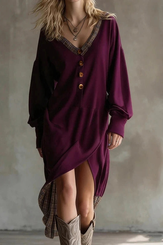 Glorol - Long Sleeve V-Neck Button Split High Waist Irregular Midi Dress