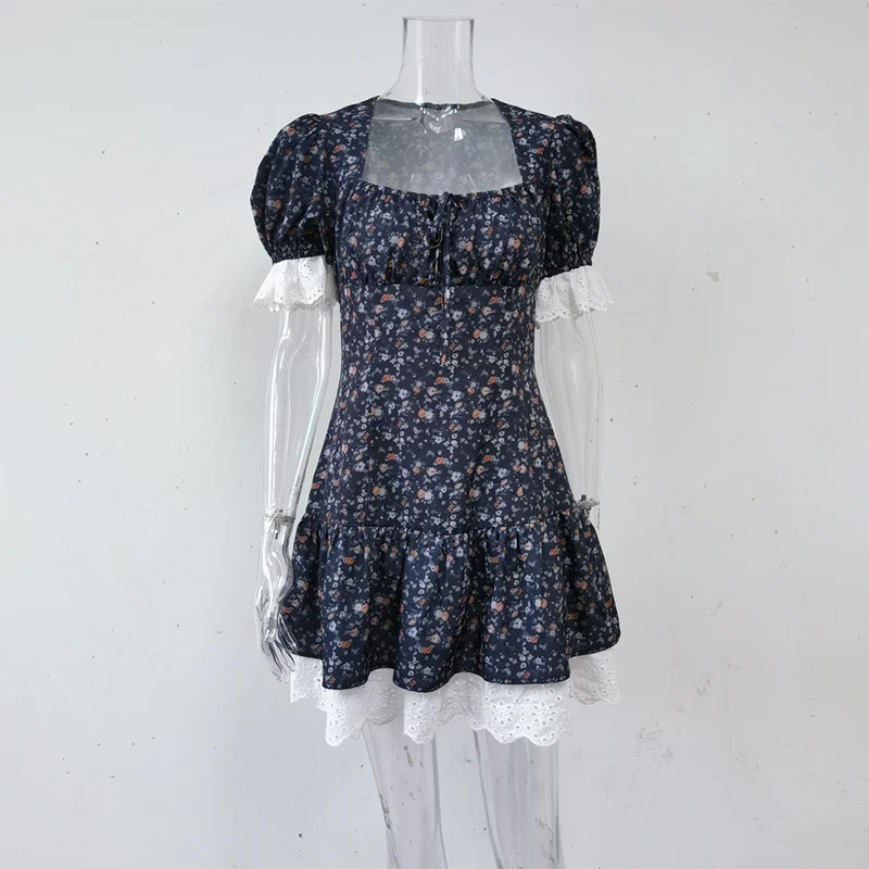 Glorol - Lace Short Sleeve High Waist Mini Dress