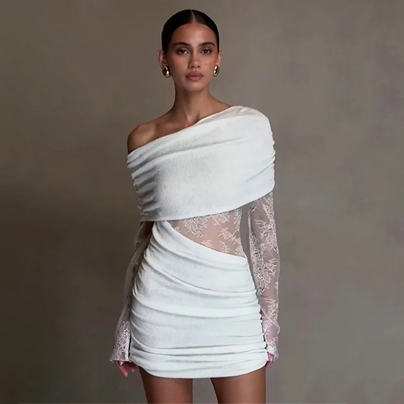 Glorol - Lace Patchwork Slash Neck Off-Shoulder Mini Dress